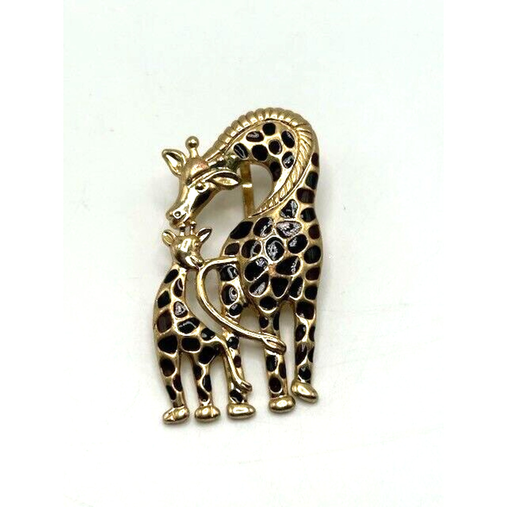Vintage Gold Tone Black Brown Enamel Best Mother Giraffe Baby Calf Brooch Pin